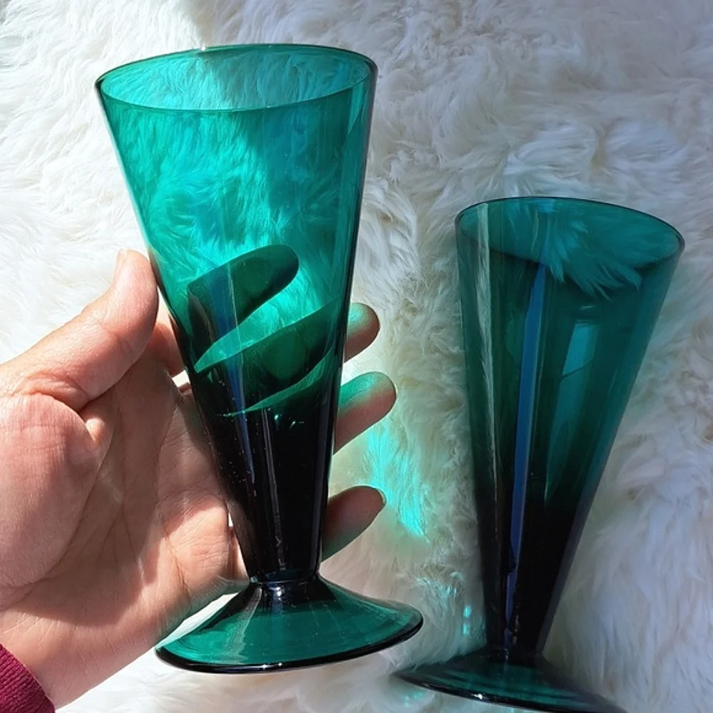2 Vintage Emerald Teal Green Conical Wine Cocktail Glasses Footed Barware
